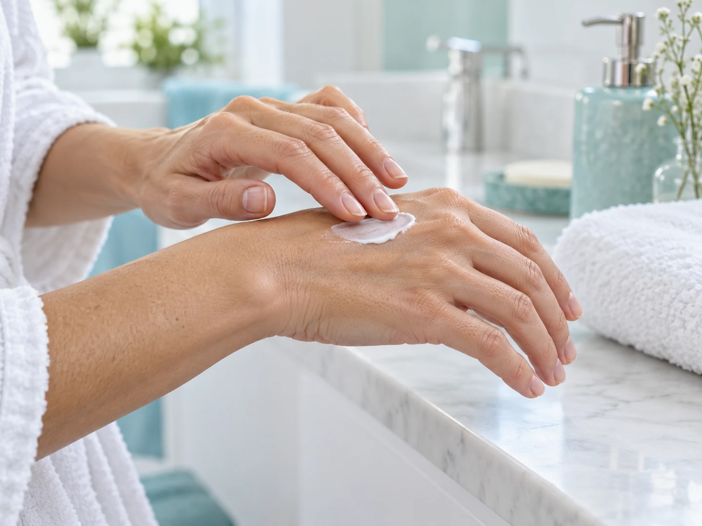 Application d’une crème hydratante sur le dos de la main